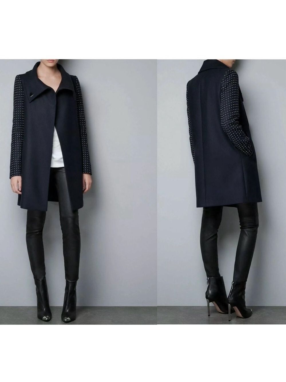 ZARA RARE COAT NAVY BLUE STUDDED APPLIQUE SLEEVE WOOL WINTER BLAZER JACKET Sz S